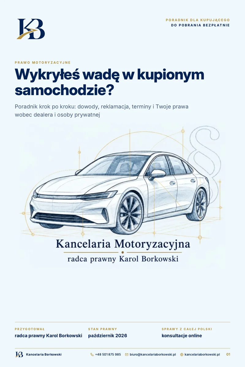 Okładka poradnika „Wykryłeś wadę w kupionym samochodzie?” – radca prawny Karol Borkowski